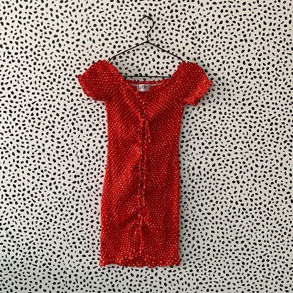 Seek The Label Dresses & Skirts - Seek The Label Red Dotted Ruched Lace Up Mini Dress